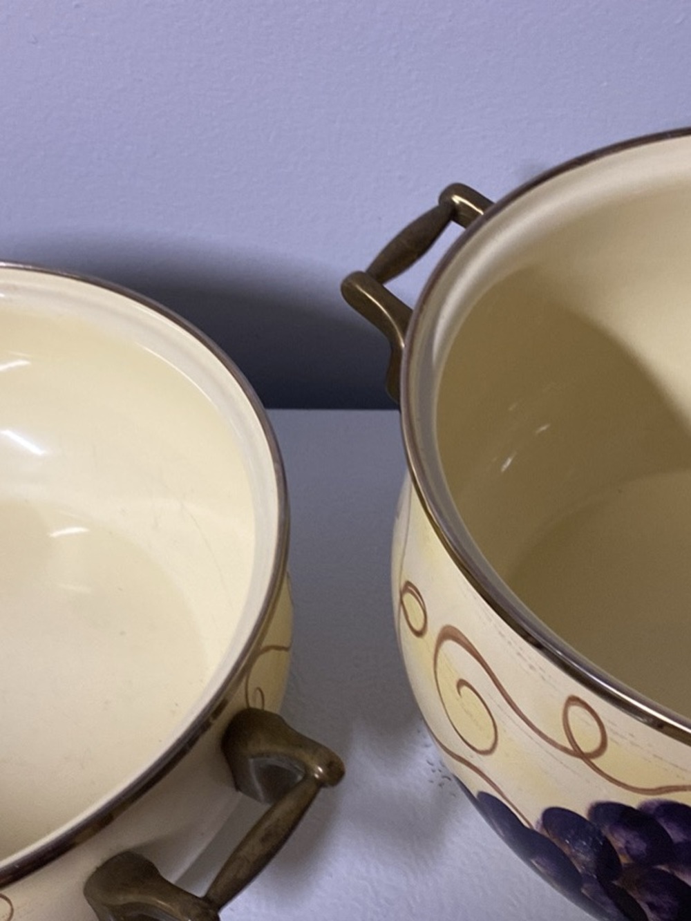 Cream Ceramic Serving Bowls with Brown Trim and Grape Motif